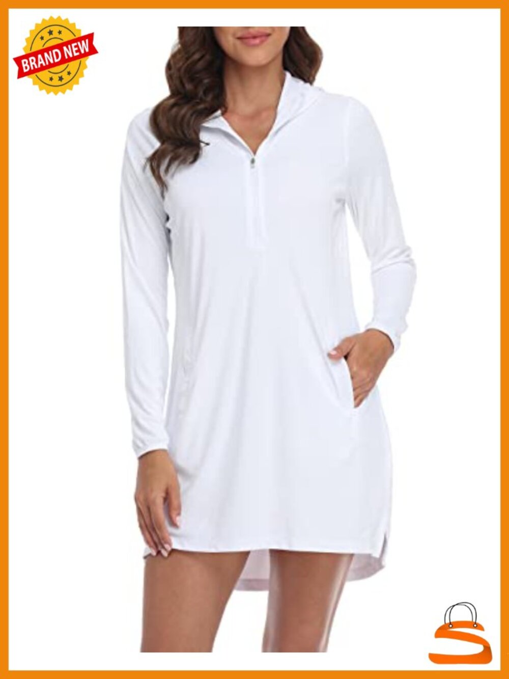 Women's UPF 50 Long Sleeve Hooded Beach Coverup Tunic with Pockets
